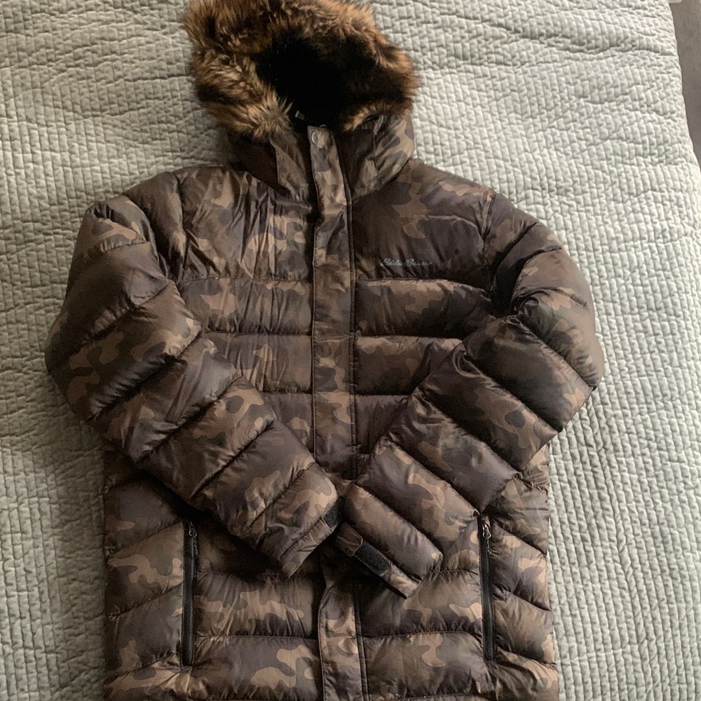 Eddie Bauer Long Camo Puffer Jacket with Faux Fur Hood